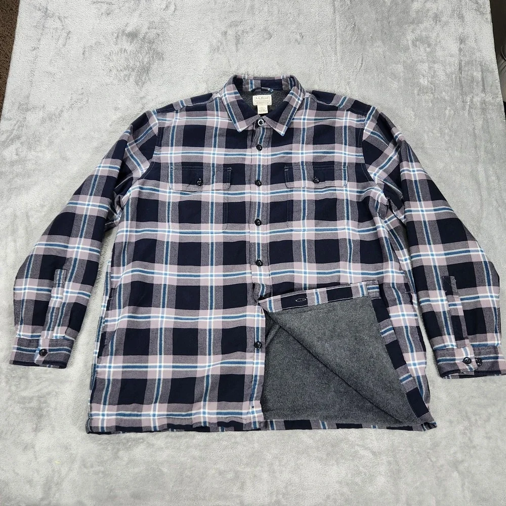 LL Bean Shirt Jacket Mens XL Blue Plaid Fleece Lined Flannel Traditional Fit